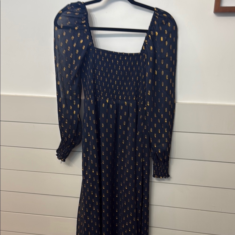 Blue and Gold Smocked with Sheer Sleeves